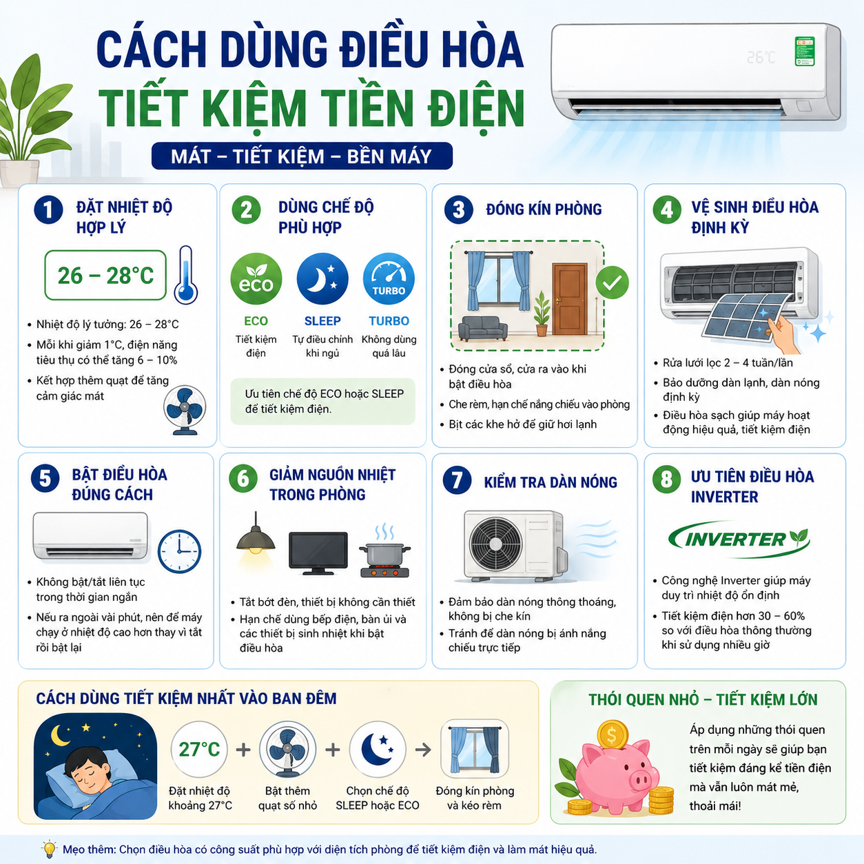 Cách dùng điều hòa tiết kiệm điện